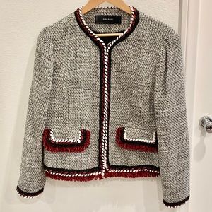 Zara black and white tweed jacket with red/white trim, size XL